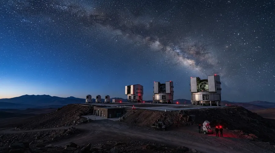 Desert observatory at dusk with equipment for exoplanet study