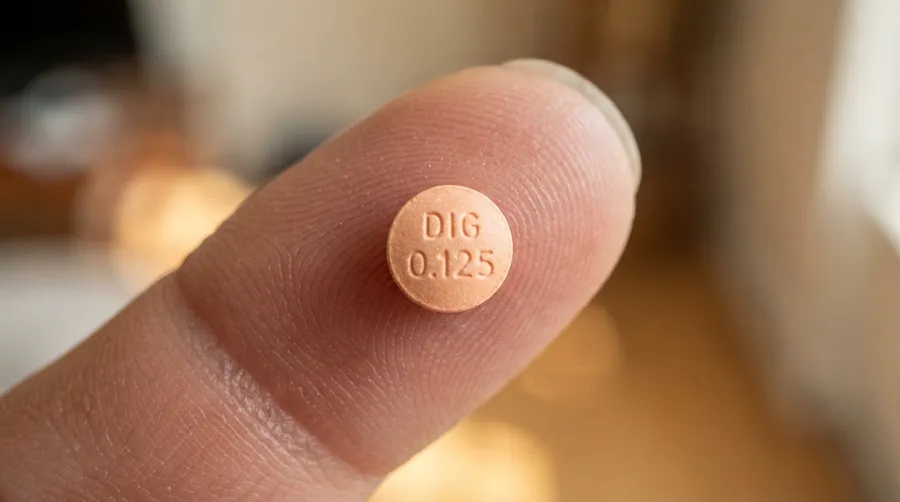 Close-up of digoxin pill on fingertip showing texture