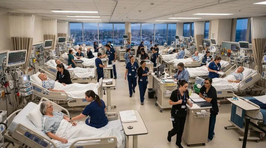 Busy hospital ward illustrating digoxin's impact on heart treatment