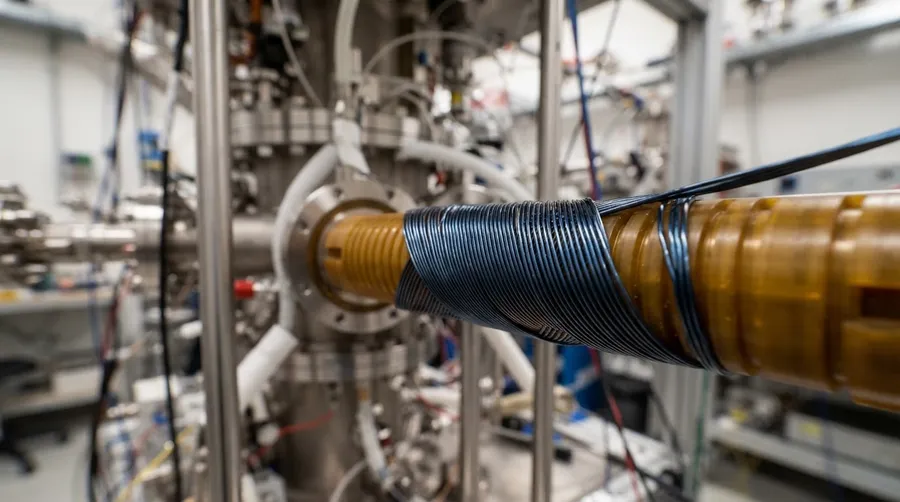 Close-up of superconducting coil with precise wire winding and material texture