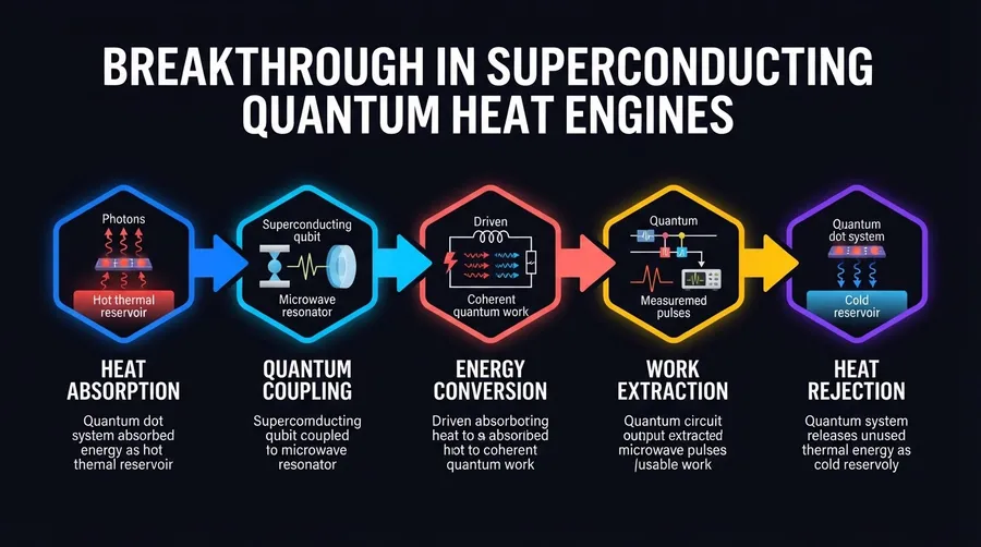 Process flow of heat conversion cycle in quantum heat engine with arrows and icons
