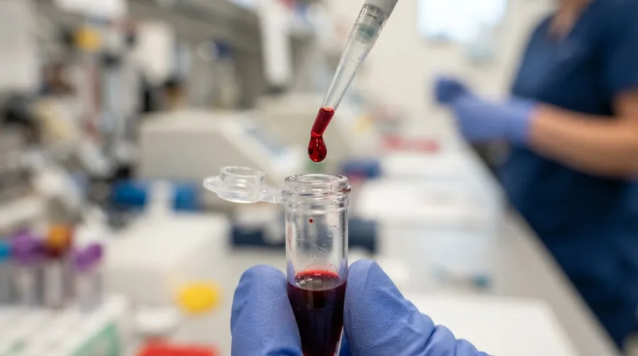 Close-up of blood droplet in vial for anemia test