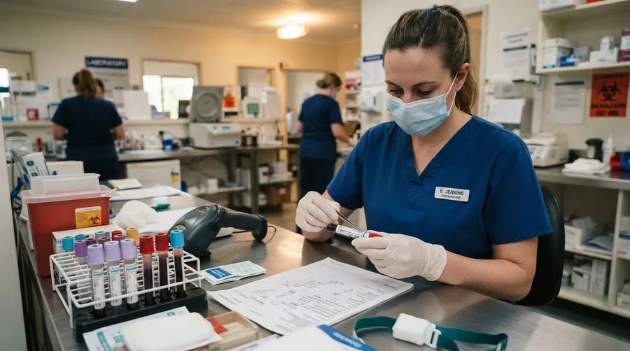 Phlebotomist labeling blood samples for anemia testing