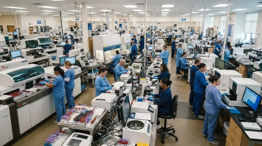Hospital lab technicians processing blood tests for anemia