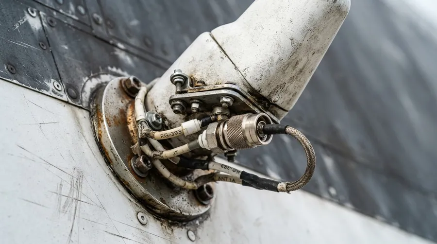 Close-up of aircraft antenna design and connectors