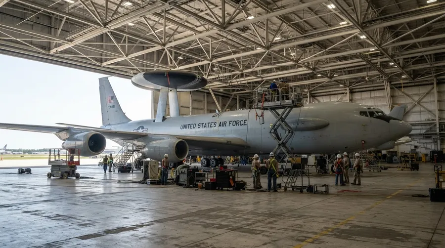 Aircraft in hangar with engineers highlighting size and antenna testing