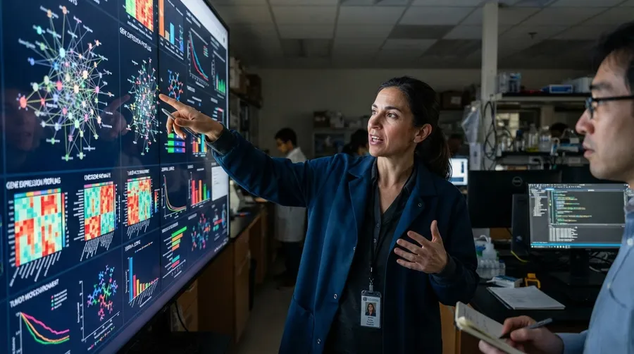 Researcher analyzing data visualizations for cancer