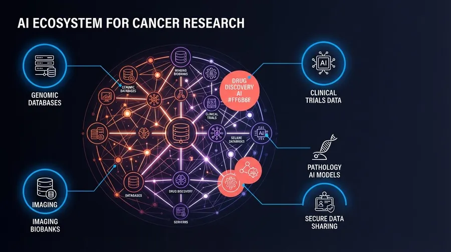 Network map of AI systems in cancer research