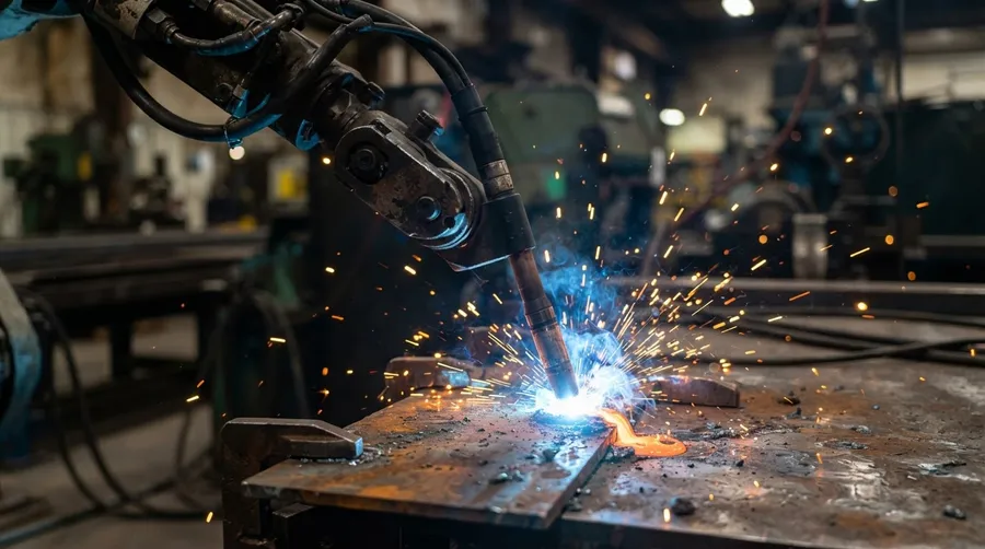 Close-up of welding torch arc and sparks on metal surface