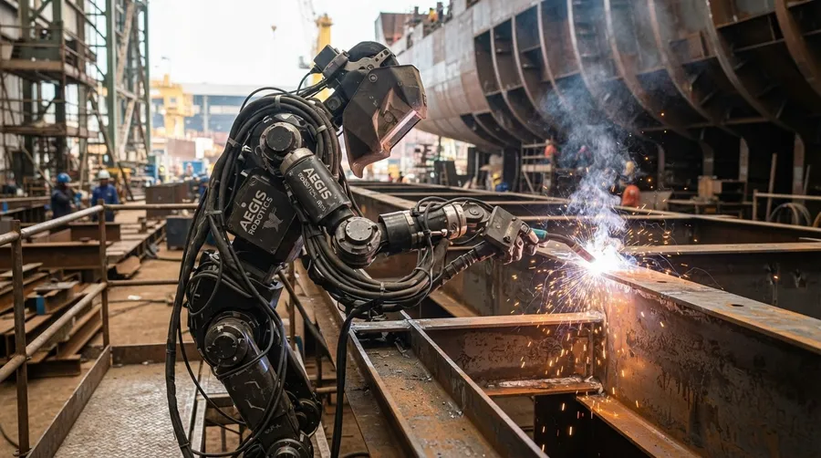 Humanoid robot welding ship framework with visible sparks