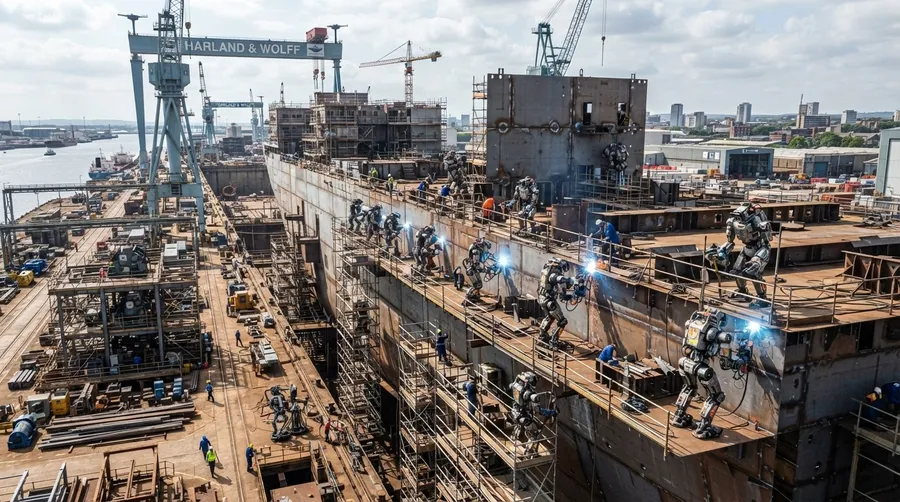 Wide shot of shipyard with humanoid robots welding ship sections