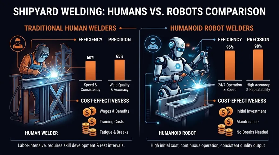 Comparison of human vs humanoid robot welders in efficiency and cost