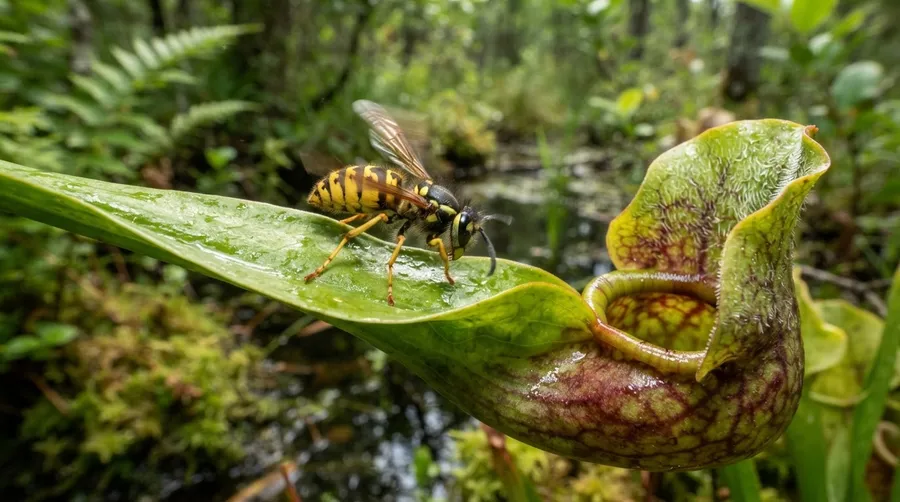 wasp landing on plant responding to chemical signals