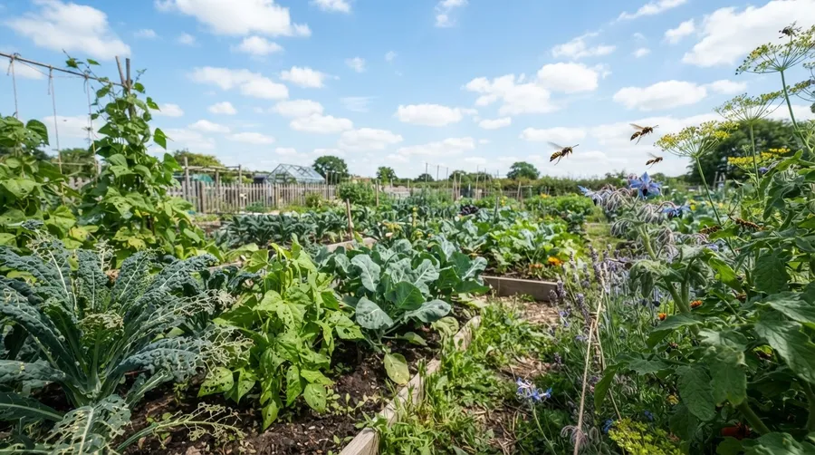 garden with plants, pest damage, and hovering wasps