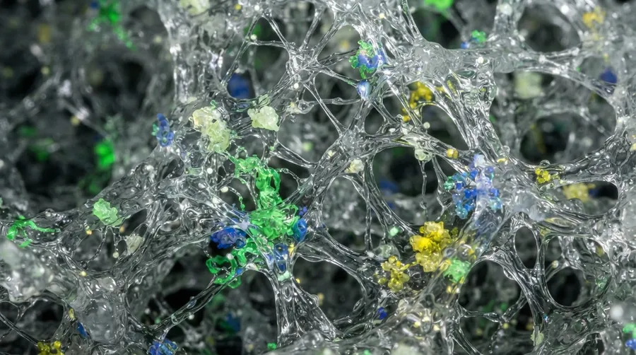 close-up of hydrogel surface showing mesh structure and embedded biological molecules