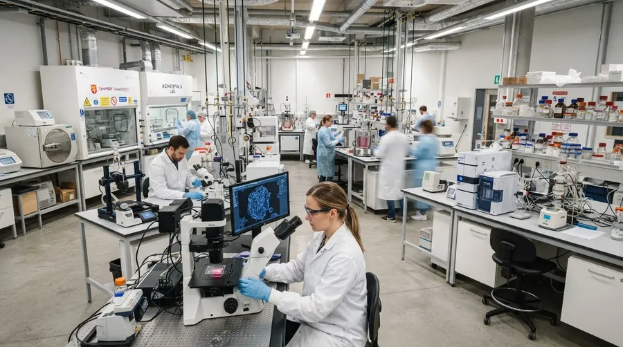Tampere University lab with researchers working on hydrogel platform and advanced equipment