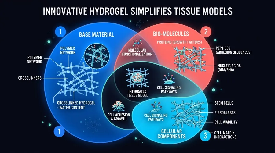 diagram of hydrogel composition with base material and biological molecules