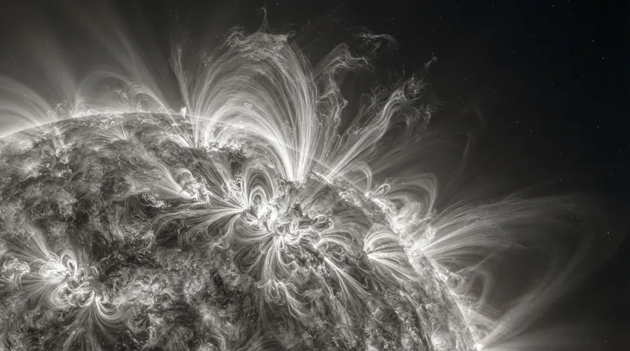 Close-up of solar corona with plasma wisps and filaments