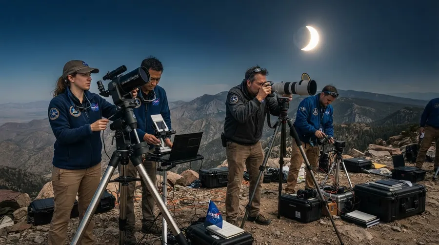 NASA researchers setting up equipment before solar eclipse