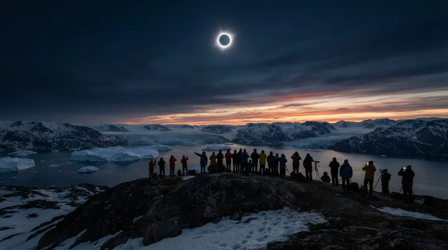 Greenland landscape during solar eclipse with dark sky