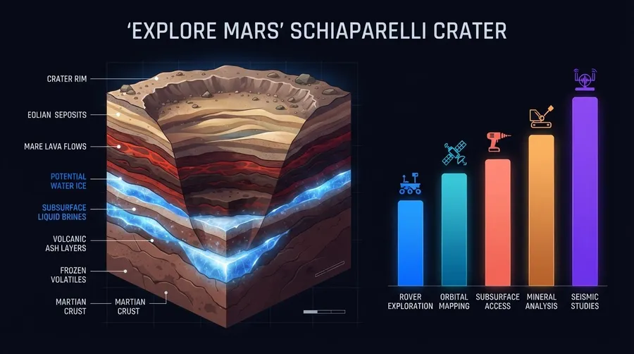 Cross-section of Schiaparelli Crater showing sediment, lava, and water deposits