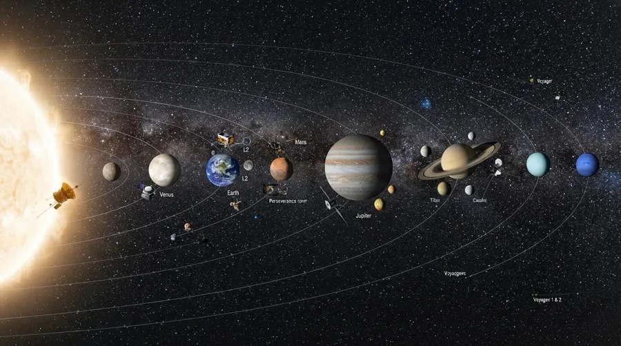 Multiple spacecraft around the solar system with planets for scale