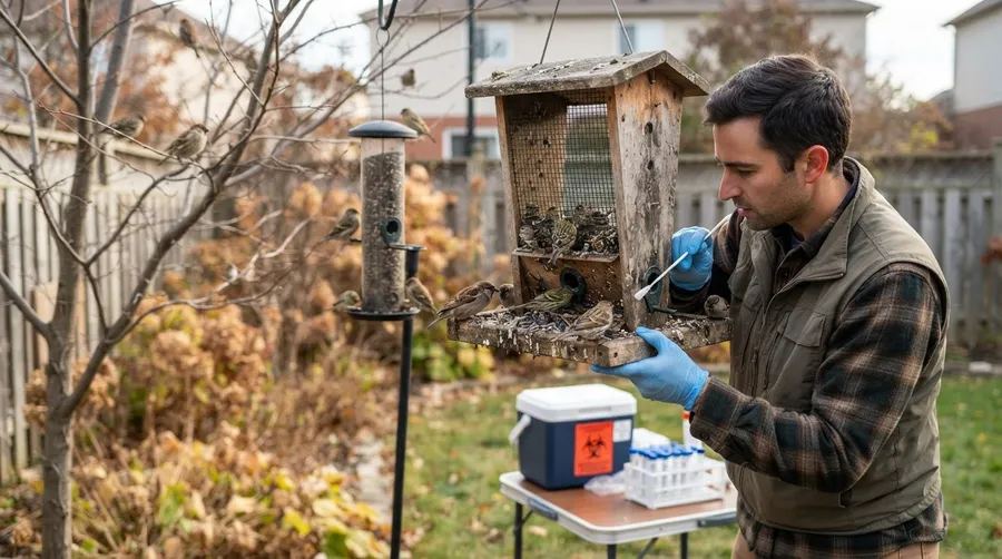 Birds interacting with feeder spreading flu