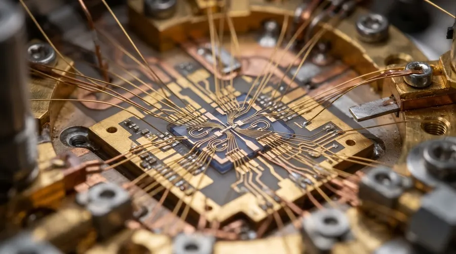 Close-up of superconducting qubit with delicate wiring