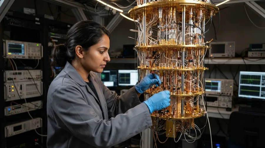 Scientist calibrating quantum computer with visible circuits