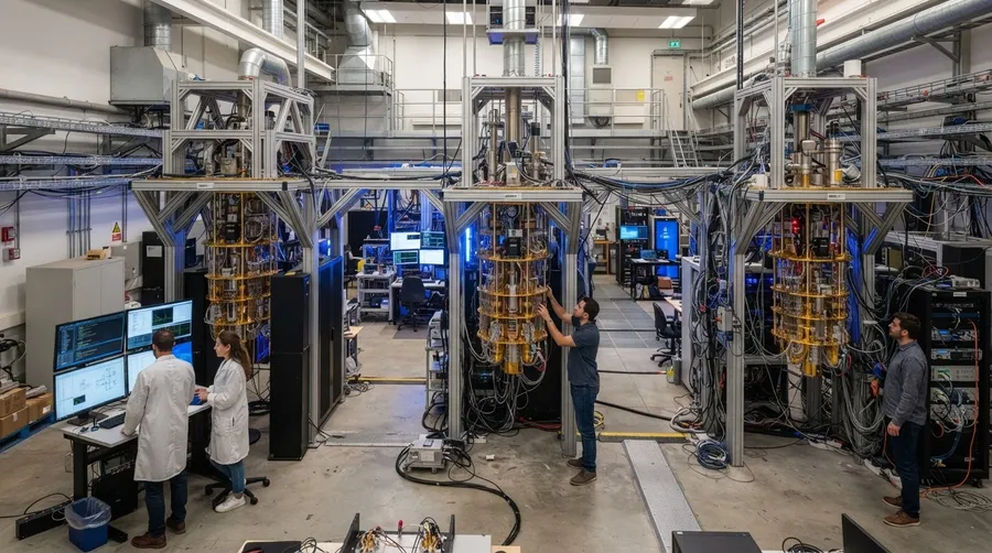 Quantum computing lab with multiple computers and researchers