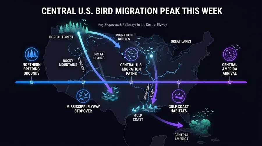bird migration route across central U.S. with stopover points