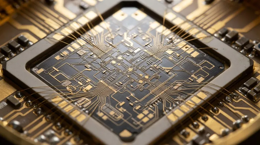 Close-up of quantum processor chip with superconducting circuits