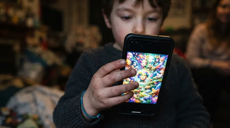 Child's hand holding smartphone reflecting AI-generated content