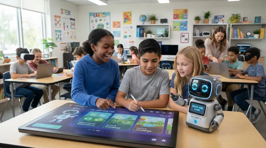 Children using AI educational tools in classroom setting