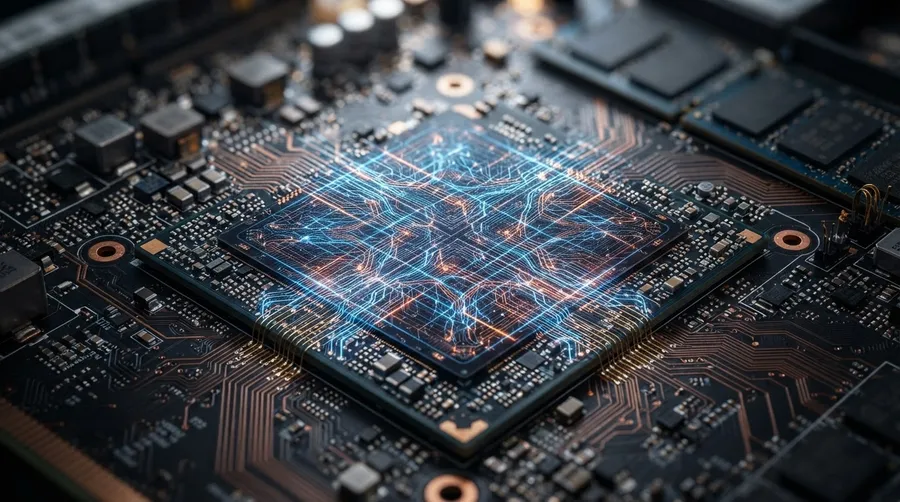 Close-up of neural network chip with intricate circuitry