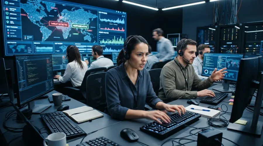 Cybersecurity team monitoring and responding to simulated cyber threats