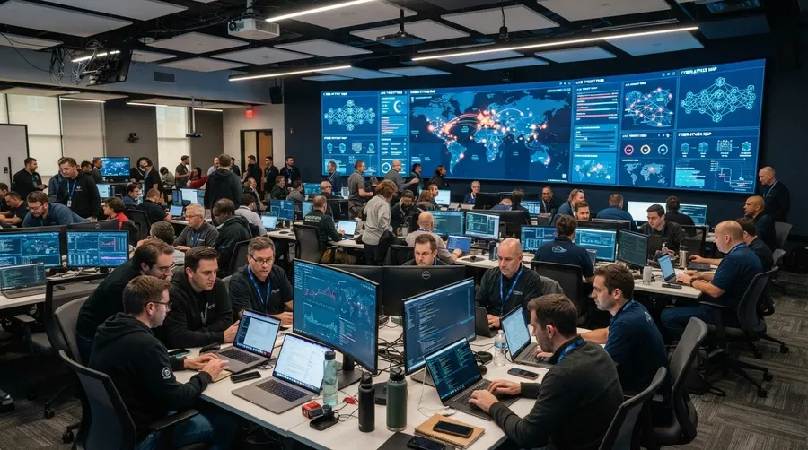 Tech conference room with professionals viewing live cybersecurity threat maps