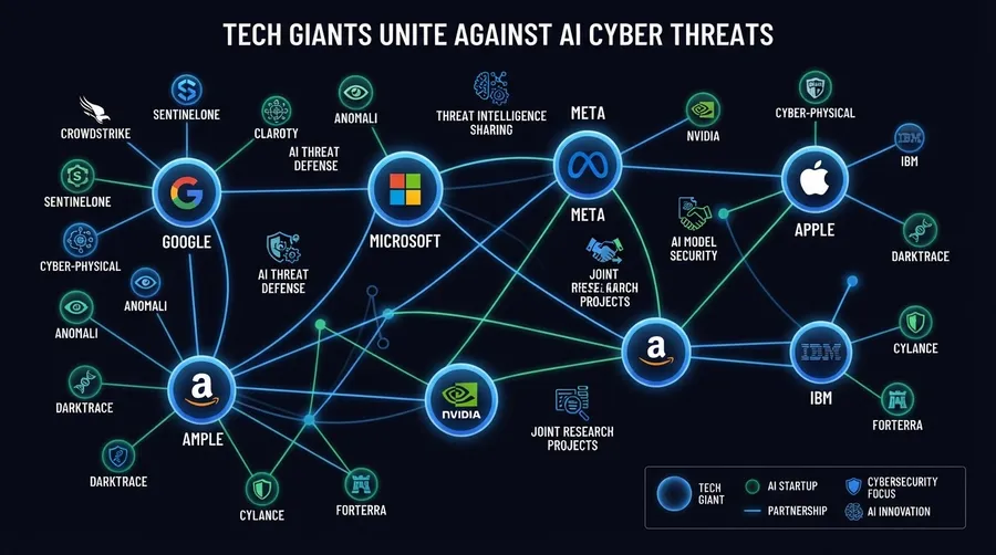 Network map of tech companies and AI startups collaborating on cyber threats