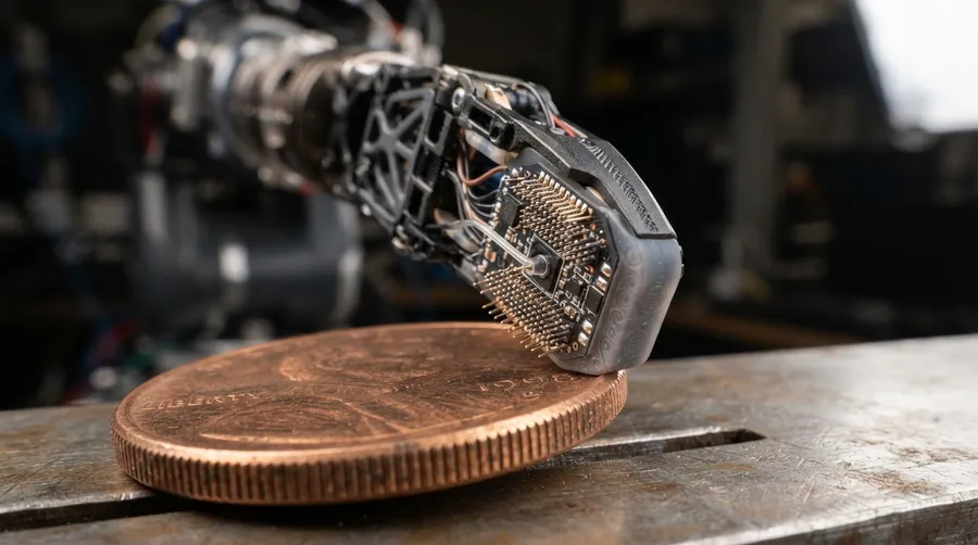 close-up of robotic fingertip sensors on penny ridges