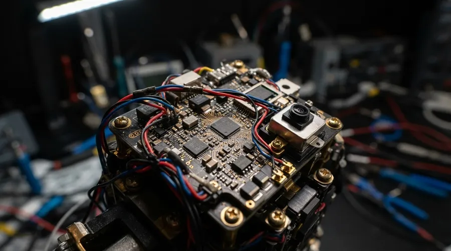 close-up of robot circuitry and sensors with metallic textures