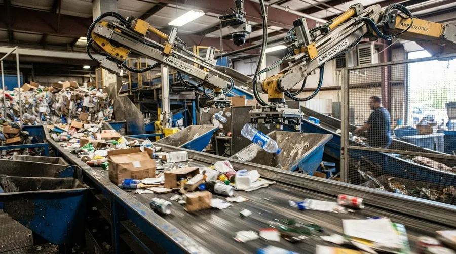 robot sorting waste at recycling facility with robotic arms