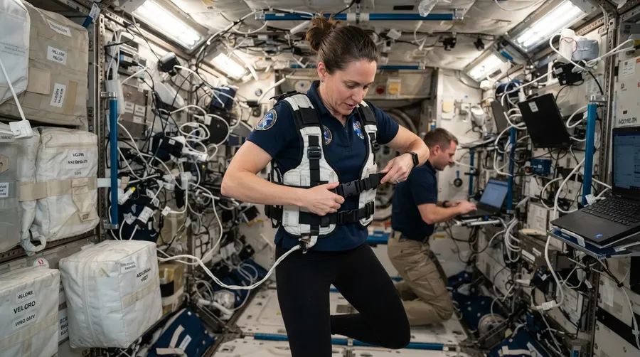 Astronaut adjusting and fastening AstroRad vest inside space station