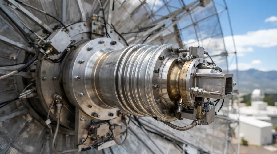 Close-up of Deep Space Station 23 antenna feedhorn with metallic details