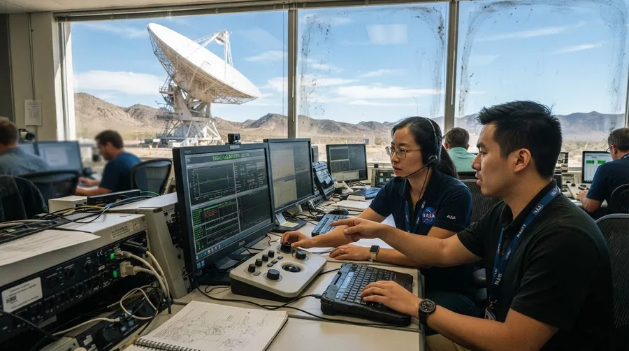 Engineers calibrating Deep Space Station 23 antenna control panel
