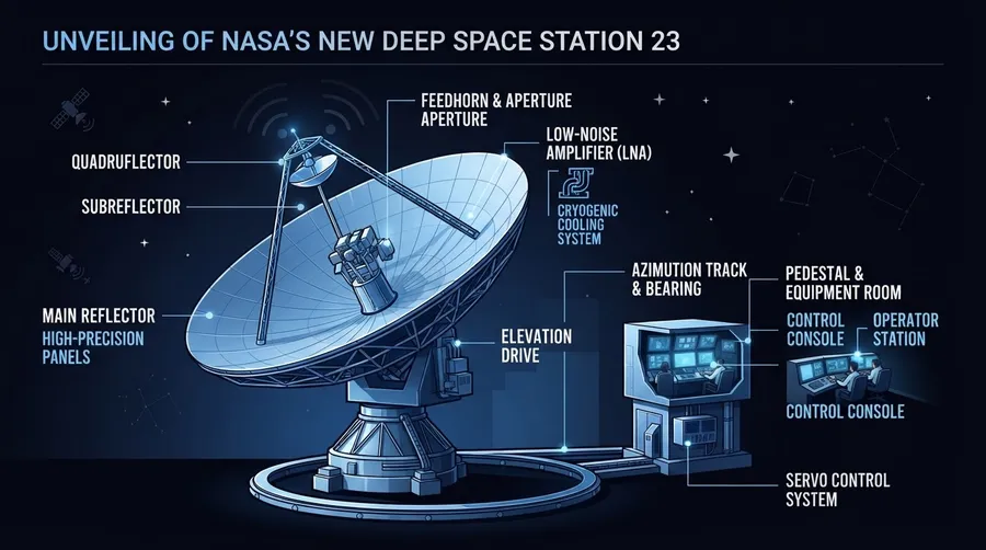 Component diagram of Deep Space Station 23 antenna with detailed parts