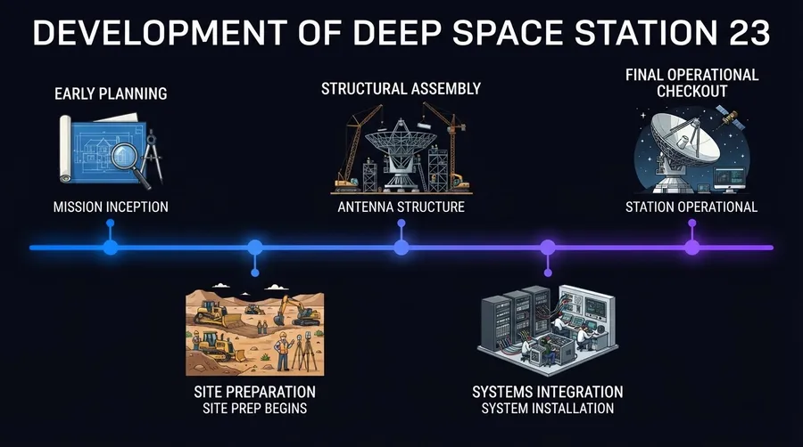 Development timeline of Deep Space Station 23 with key milestones