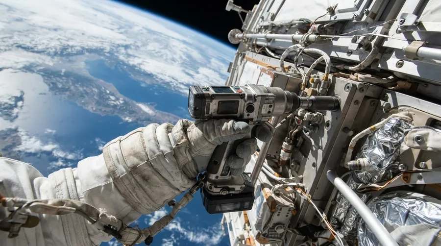 Astronauts' gloved hands with tool on ISS exterior showing suit and tool details