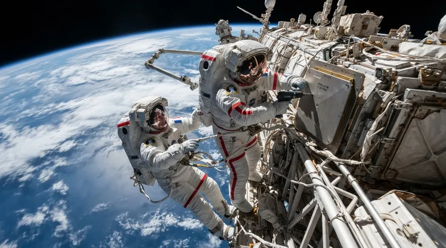 Jessica Meir securing ISS panel while Sophie Adenot stabilizes in spacewalk action