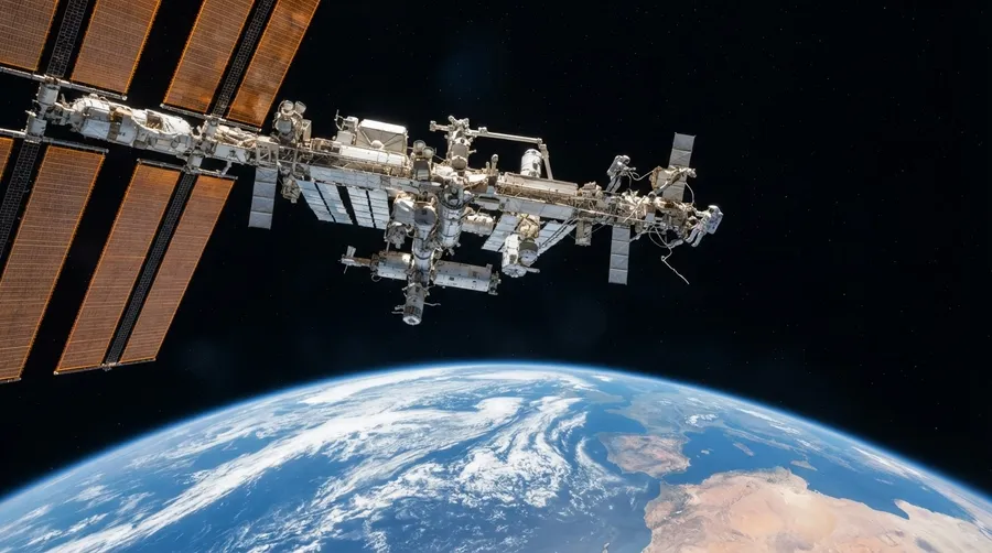Wide view of ISS with Earth below and astronauts as small figures in vast space