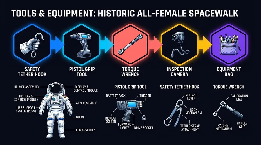 Component diagram of tools and equipment used by Meir and Adenot during spacewalk
